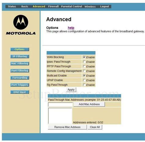 Motorola SBG6580 Screenshot Advanced Options