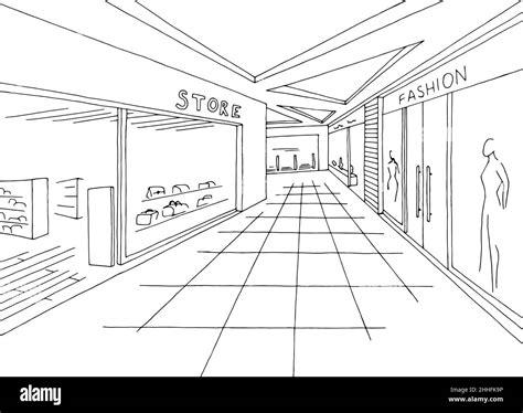 Shopping mall graphic black white interior sketch illustration vector ...