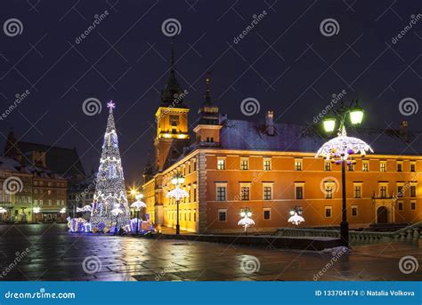 Warsaw, Castle Square in the Christmas Holidays at Night Editorial ...