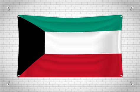 Kuwait flag hanging on brick wall. 3D drawing. Flag attached to the wall. Neatly drawing in ...