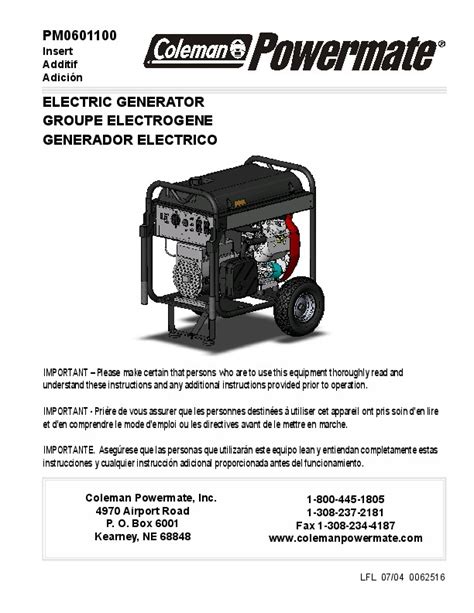 Coleman Powermate PM0601100 Generator Owners Manual