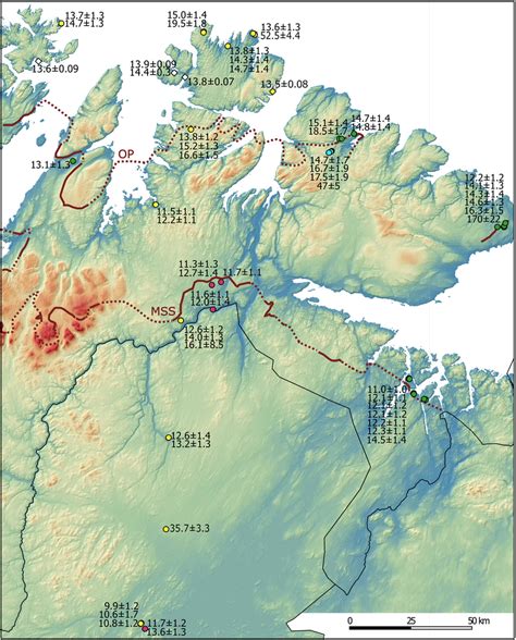 Deglaciation ages (ka) from the studied region. Circles indicate ...