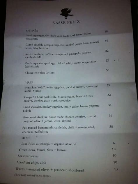 Menu at Vasse Felix restaurant, Cowaramup