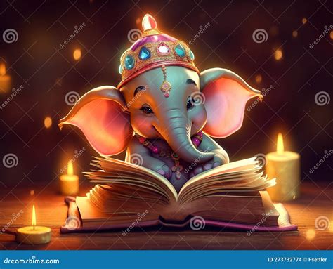 Cute Cartoon Baby Lord Ganesha Reading a Big Magic Book. Generative AI Stock Illustration ...