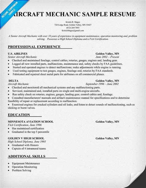 Aircraft Mechanic Resume Sample | Resume Companion | Resume examples ...