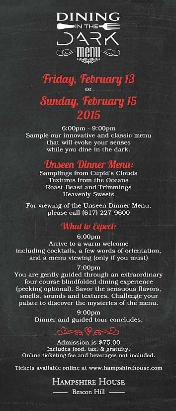 Here's the menu for our next Dining in the Dark event. We're at the Hampshire House on February ...