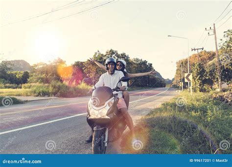 Happy Couple Riding Motorcycle in Countryside Excited Woman and Man ...