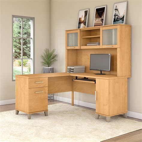 Bush Furniture Somerset 60 in L Desk with Hutch, Keyboard Tray, File and Storage in Maple Cross ...