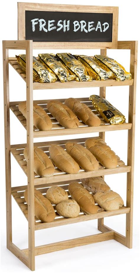 36”w Bakery Display Rack, 4 Shelves & Chalkboard Header, Wood - Oak | Bread display, Bakery shop ...