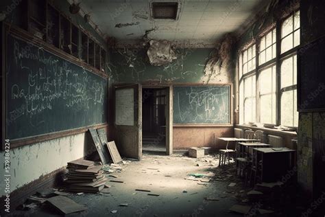 Abandoned school with a chalkboard covered in graffiti broken desks and faded posters on the ...