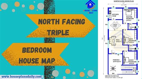 North Facing Triple Bedroom House Map | 1100 Sqft House Design - House ...