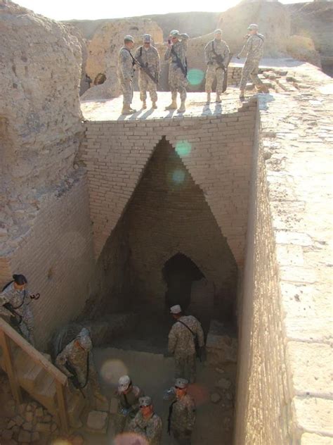 The Great Sumerian Ziggurat of Ur, Iraq - Entrance, guardet by US solders under occupation of ...