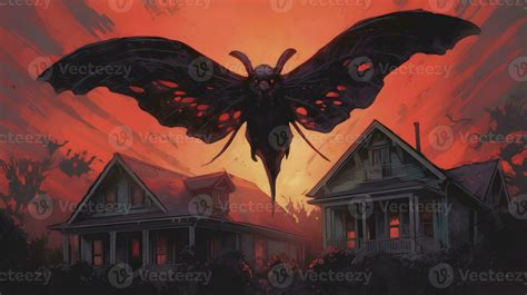 Mothman over the small American town. Illustration based on the urban legend of Point Pleasant ...