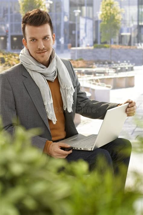 Young Man with Laptop Outdoors Stock Photo - Image of flash, collar: 33936928