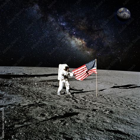 Astronaut On Moon By The American Flag