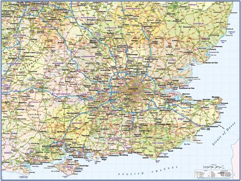 South East England 1st level County Wall Map with Roads and Rail - Large size 120cm x 90cm