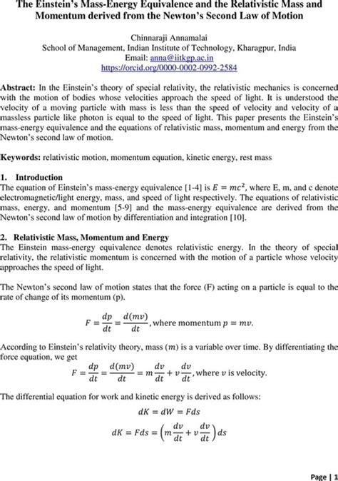 The Einstein’s Mass-Energy Equivalence and the Relativistic Mass and ...