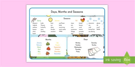 Days, Months and Seasons Word Mat (teacher made) - Twinkl