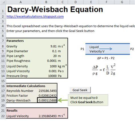 Darcy-Weisbach Equation for Liquid Velocity in a Pipe | Excel Calculations