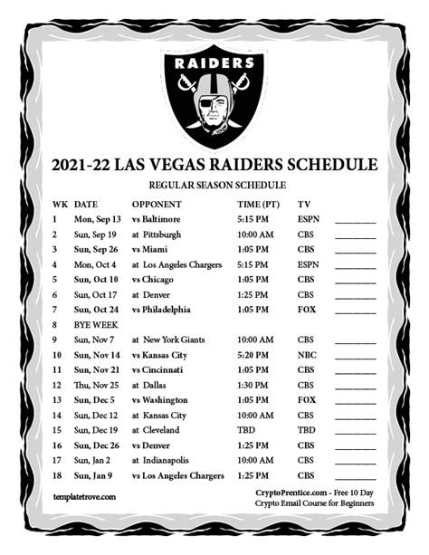 Printable 2021-2022 Las-Vegas Raiders Schedule