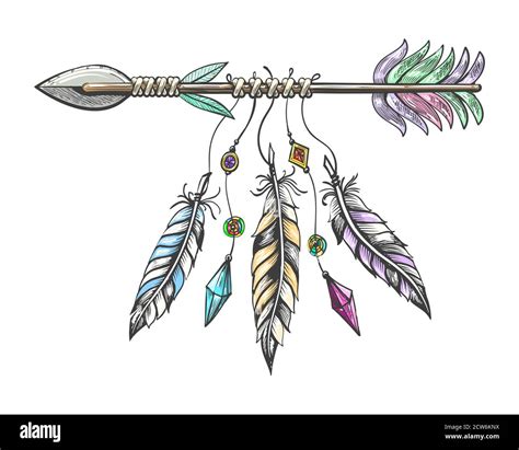 Hand drawn arrow with feathers. Tribal boho indian talisman isolated on white background. Vector ...