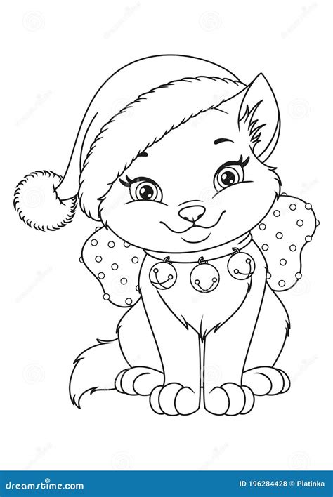 Christmas Cat with Santa Hat Coloring Page. Black and White Cartoon ...