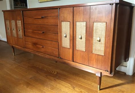 Mid Century Modern Triple Lowboy Dresser with Grashcloth & Brass Teardrop Pulls - EPOCH