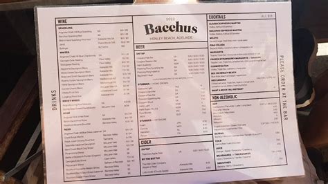 Menu at Bacchus Bar, Henley Beach, 253 Esplanade