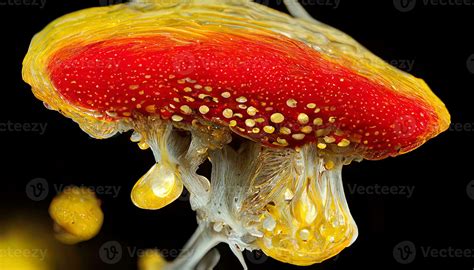 Amanita muscaria glowing red top mushroom releasing spores yellow forest. 22872594 Stock Photo ...