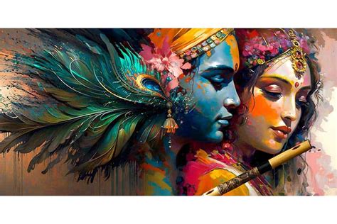 radha krishna painting with peacock feather and krishna flute