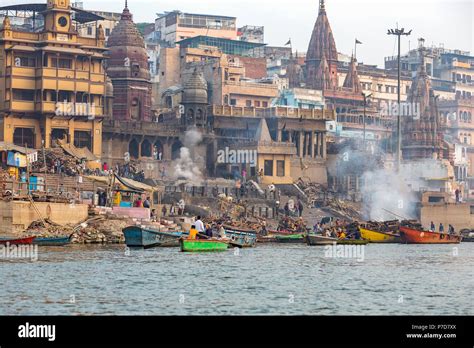 Manikarnika Ghat, main cremation ground at the ghats of Ganges river ...