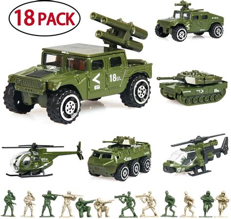 18 Pack Die-cast Military Vehicles Sets,6 Pack Assorted Alloy Metal Army Models Car Toys and 12 ...