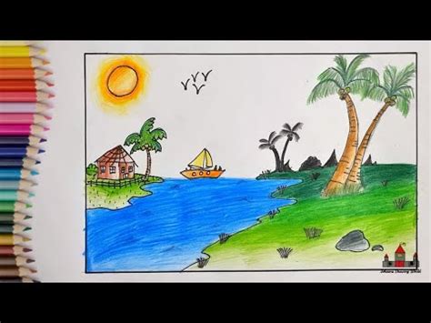 How to draw a beautiful kerala scenery step by step| easy drawing for kids #keralascenery - YouTube