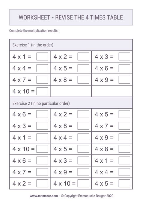 Printable Worksheet - Revise the 4 Times table | Memozor