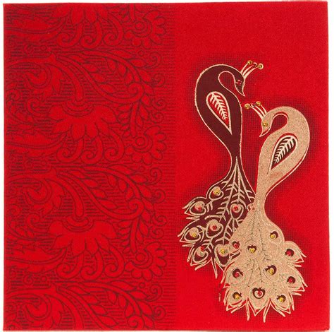 Wedding Invitation in Red satin with stone studded peacock | Hindu wedding invitations, Hindu ...