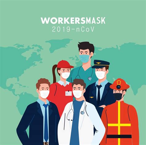 people workers with workermasks and world map vector design 1890907 Vector Art at Vecteezy