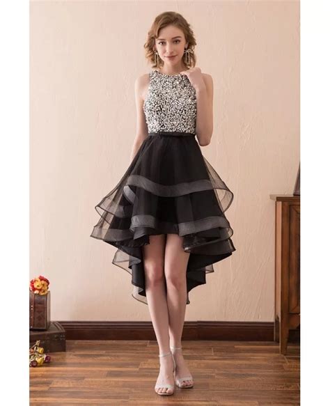 2018 High Low Black Prom Dress With Sparkly Bodice For Teens #CH6670 - GemGrace.com