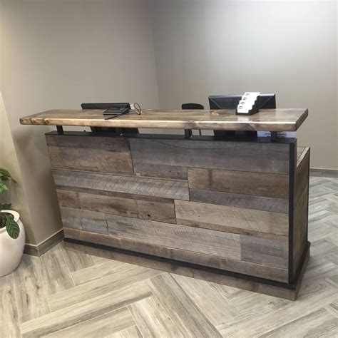 Beautiful custom built reception desk with authentic barnwood paneling ...