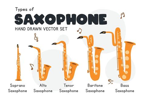 Types of saxophone clipart cartoon style. Simple cute soprano, alto, tenor, baritone, bass ...