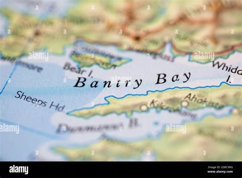 Shallow depth of field focus on geographical map location of Bantry Bay ...