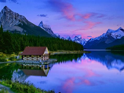 Download Reflection Sunset Forest Pine Tree Lake Mountain Man Made Cabin HD Wallpaper