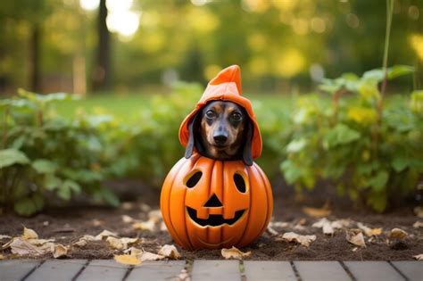 Premium AI Image | Dachshund in a pumpkin costume for Halloween outside