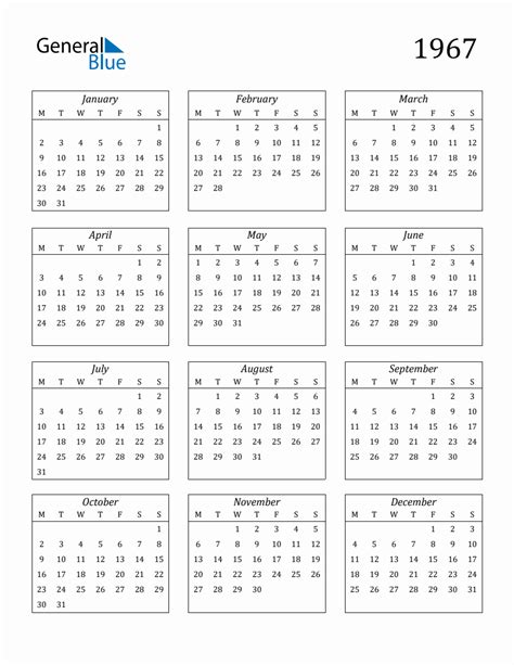 1967 Blank Yearly Calendar Printable