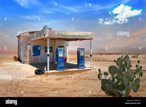 Abandoned Gas Station in Arizona Desert with cactus in foreground Stock ...