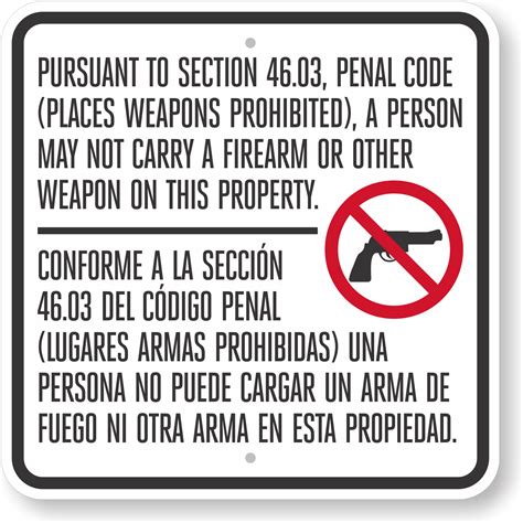 Firearms Or Other Weapons Prohibited Texas Gun Law Sign - Section 46.03, SKU: K2-5934