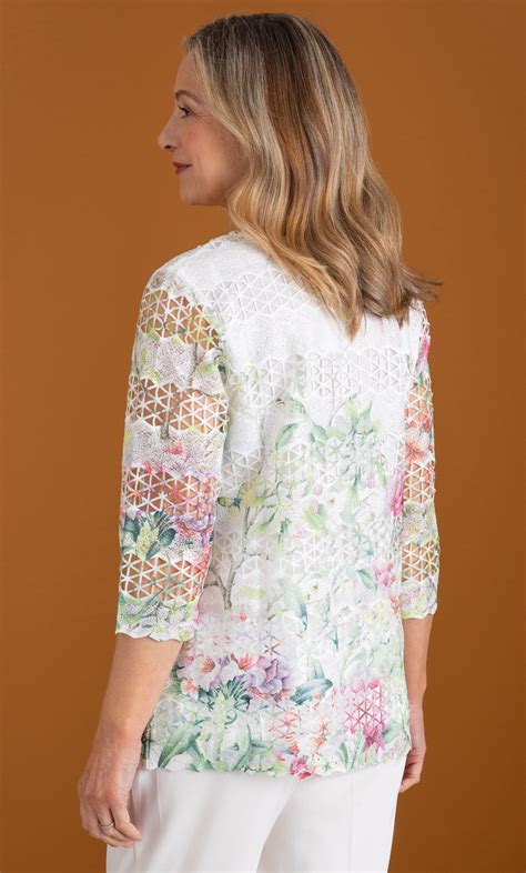 Anna Rose Garden Printed Lace Top in White | Klass