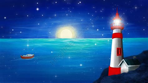 Hand Painted Sea Lighthouse Night, Sea, Sky, Boat Illustration Background And Wallpaper For Free ...