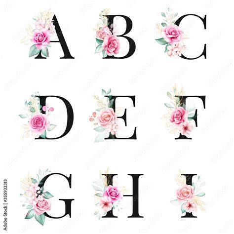 Floral alphabet set of letters A, B, C, D, E, F, G, H, I with ...