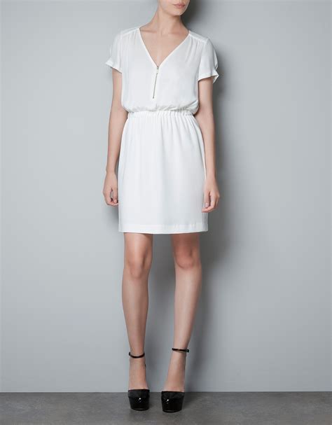 Zara Dress with Zip Neckline and Elasticated Waist in White | Lyst