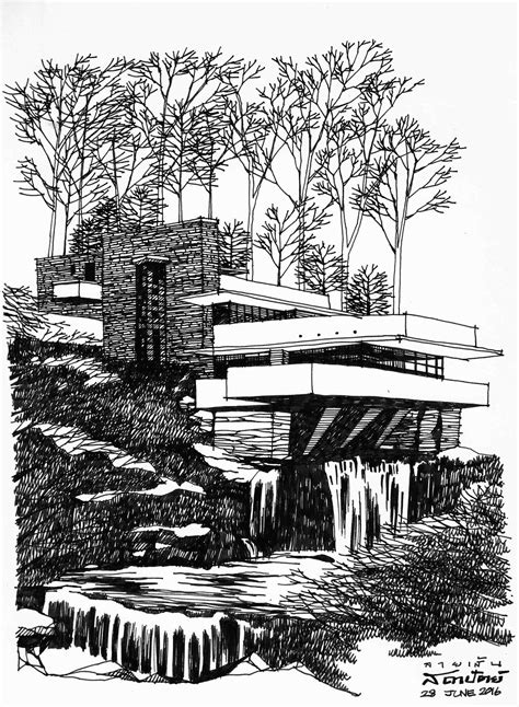 Falling water house sketch | ภาพวาดสถาปัตยกรรม, ภาพสเก็ตสถาปัตยกรรม, โมเดลสถาปัตย์